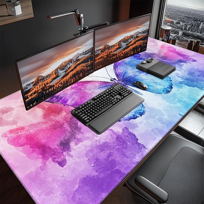 Extra Large Butterfly Mouse Pad 48x24 Inch – 3XL Huge Waterproof Desk Mat with Non-Slip Rubber Base & Stitched Edges, Full Coverage Mousepad Keyboard Mat for Work, Game, Office(Purple, XXXXL)