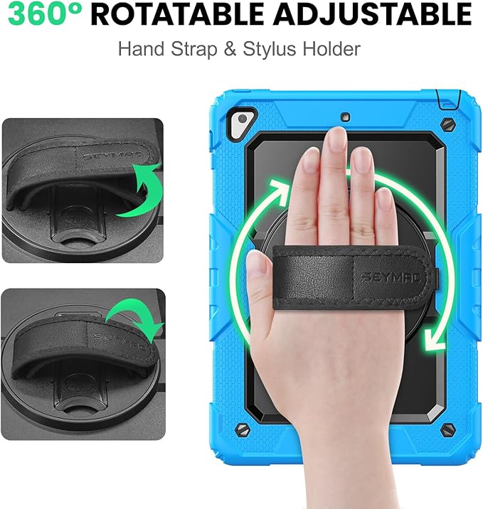 SEYMAC Case for iPad 6th/5th Generation 9.7 Inch, Full-Body Shockproof Heavy Duty Protective Case with Screen Protector, Rotating Stand/Hand/Shoulder Strap for iPad Air 2/ Pro 9.7, Light Blue