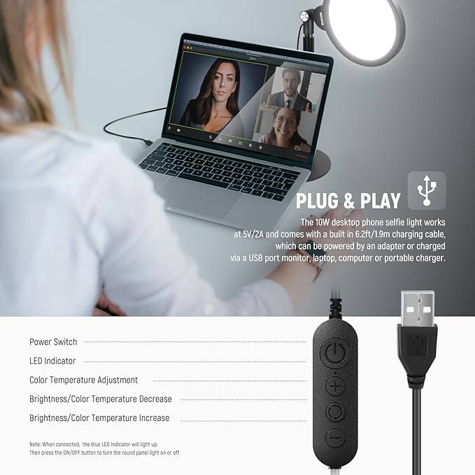 NEEWER Basics 7" Desk Ring Light for Video Recording, 10W Dimmable Full Screen Key Lighting with Stand&Phone Holder for iPhone Computer Laptop Vlog Live Streaming Video Conference, R06