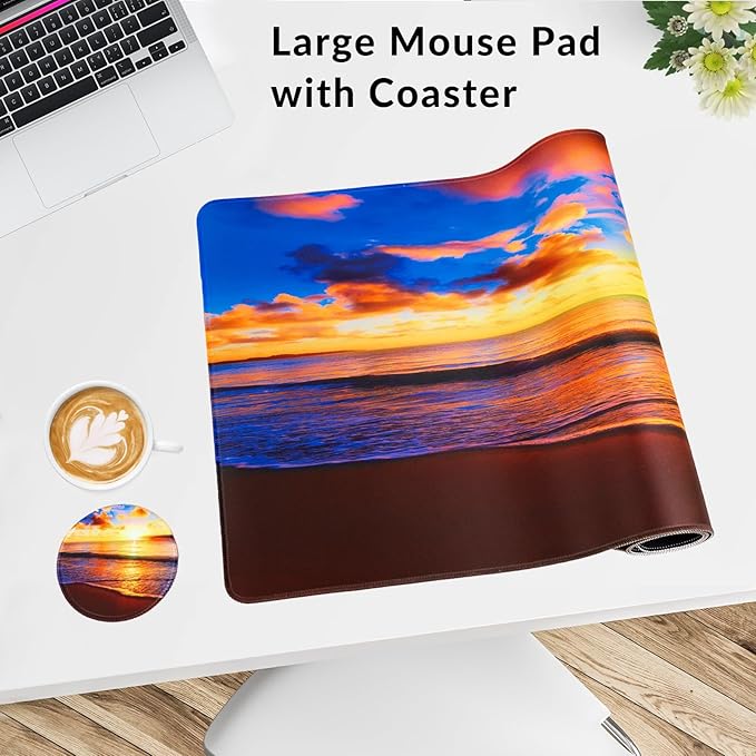 Large Gaming Mouse Pad with Coaster, Desk Matt for Desktop, Desk Pad, Mouse Pads Mat, Stitched Edges Big Extended Mousepad for Computer Keyboard Laptop Office Decor, 31.5'' x15.6''-Sunset Beach