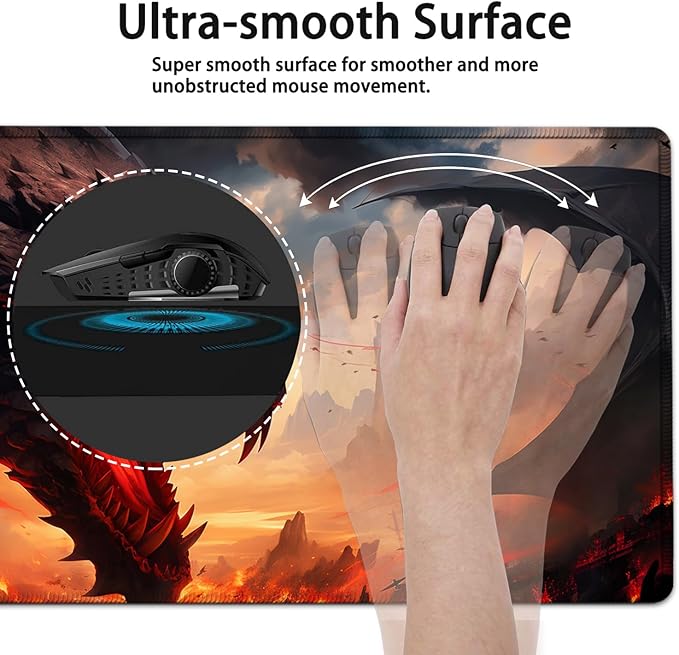 Large Mouse Pad, 31.5 x 11.8in Extended Gaming Mouse Pad with Stitched Edges, XXL Mousepad Protector Non Slip Rubber Base for Office and Home Writing Mat, Anime Fire Dragon Pattern Black Desk Mat