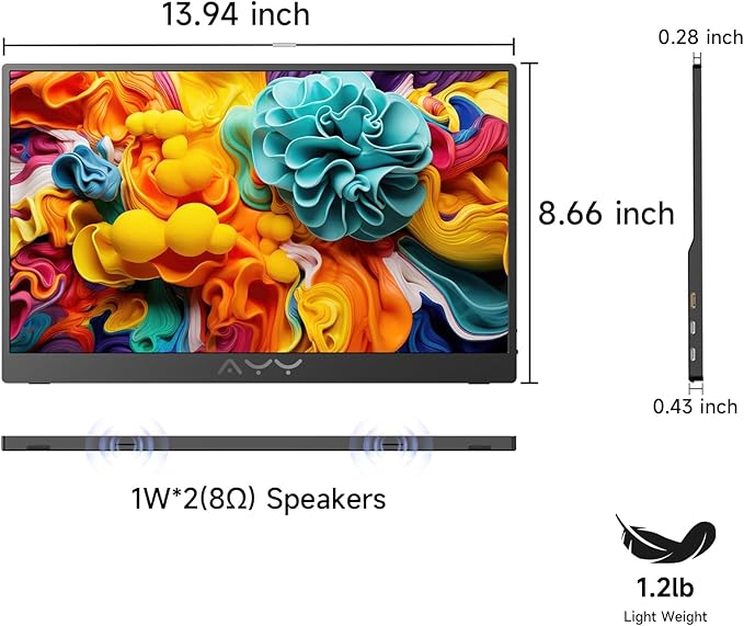 AYY 15.6 Inch Portable Monitor 1080P FHD USB-C HDMI External Display for Laptop Phone MAC PS5 Switch Xbox, Ultra-Slim 100% sRGB Portable Second Screen with Dual Speakers & Smart Cover, IPS, Black
