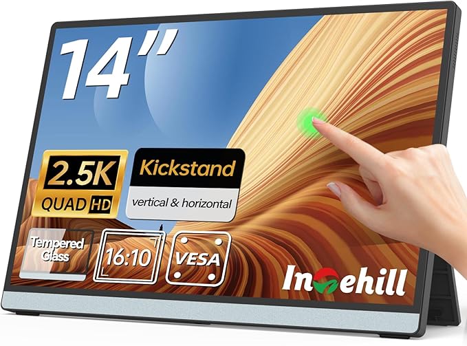 Intehill 2.5K Portable Monitor Touchscreen, 14" Portable Touch Screen for Laptop 2560x1600, 16:10 Travel Monitor with Tempered Glass, 100% sRGB USB & HDMI Portable Display with Stand & Speaker, Q14ZT