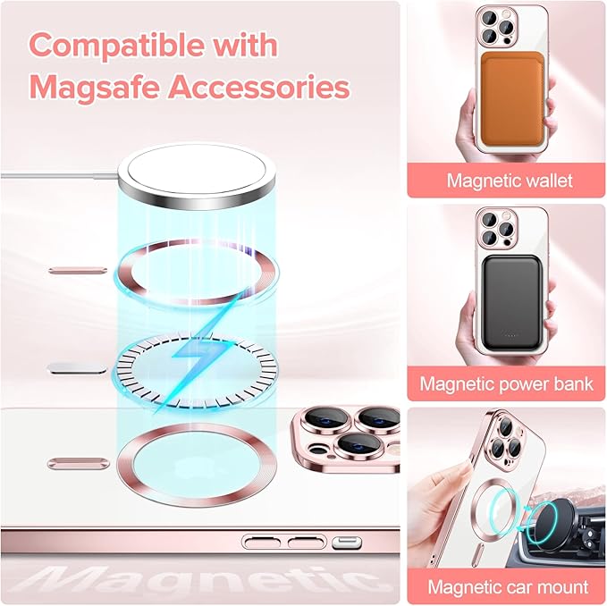 Hython Magnetic Clear for iPhone 12 Pro Case with Camera Lens Protector [Compatible with MagSafe] Luxury Plating Edge Slim Soft TPU Cover Protective Phone Case for iPhone 12 Pro 6.1", Pink