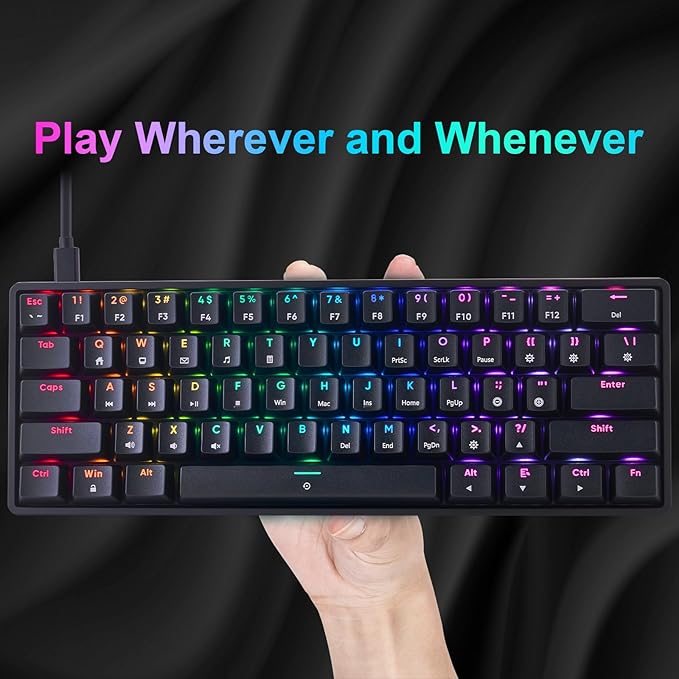 Mechanical 60% Gaming RGB Keyboard 61 Keys Wired USB DIY Customize Backlight Macro keypad Ultra-Compact Blue Switches Compatible with Windows Mac Linux Laptop PC Computer(Black)