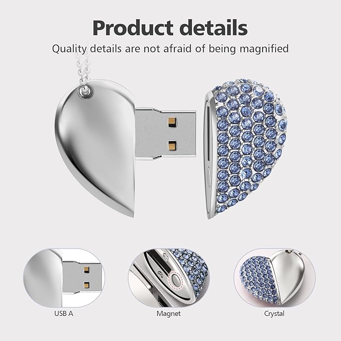 USB 2.0 Flash Drive,Cute Romantic Heart Shape USB Memory Stick,Thumb Drive for Photos, Music, Files Storage (Blue, 32, GB)