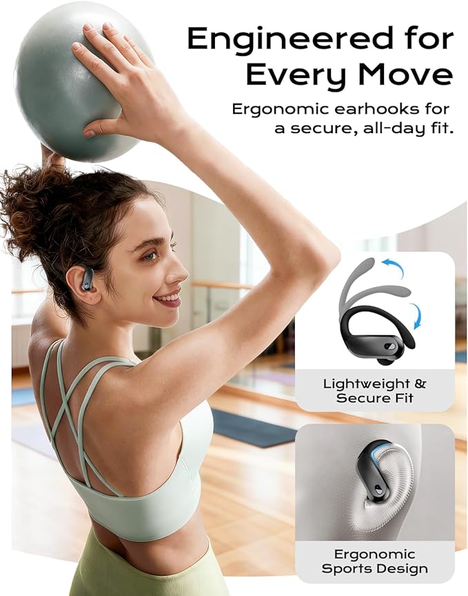 Wireless Earbuds,Bluetooth 5.4 Ear buds,Sport Headphones with Earhooks,IPX7 Waterproof Bluetooth Headphones,80H Playtime Earbuds,Weight 7.8g,Noise Cancelling Mic for Earphones Running & Workout-Black