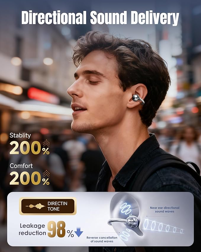 King Lucky Clip-On Earbuds Gen 3, Open-Ear Wireless Bluetooth 6.0 Headphones with Mic, Secure Fit for Small Ears & Glasses Wearers, 50H Playtime, LED Digital Display, ENC, IPX5 Waterproof(Balck)
