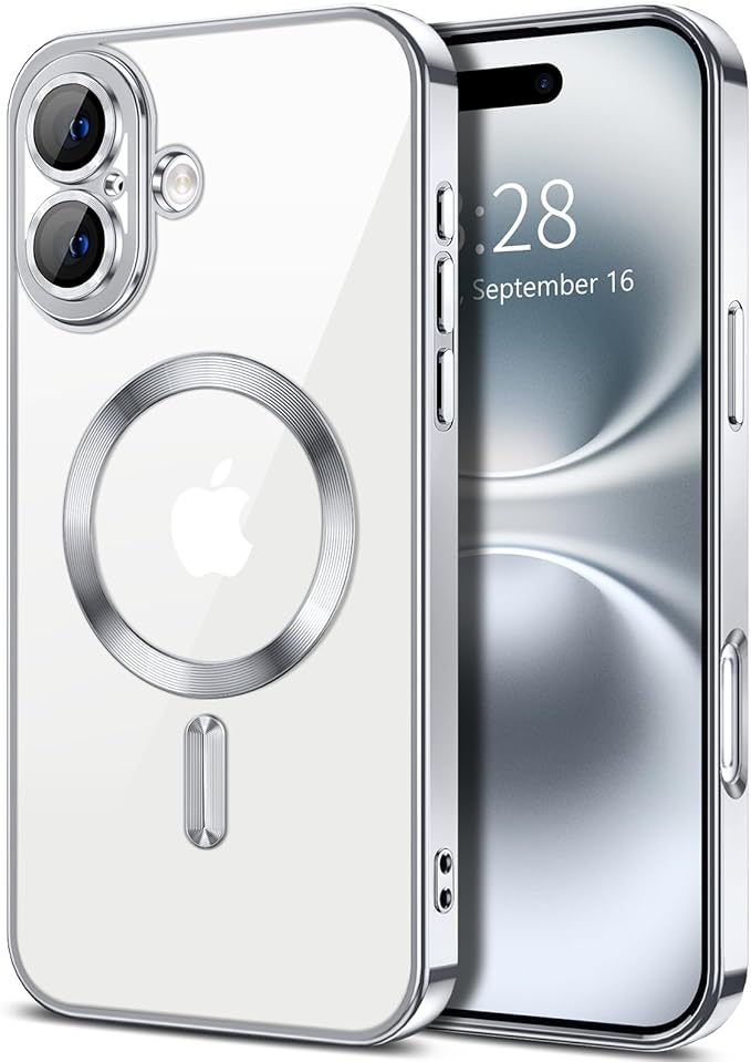Hython Magnetic Clear for iPhone 16 Case with Camera Lens Protector [Compatible with MagSafe] Luxury Plating Edge Slim Soft TPU Cover Protective Phone Case for iPhone 16 6.1", Silver