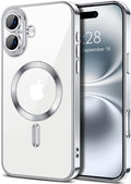 Hython Magnetic Clear for iPhone 16 Case with Camera Lens Protector [Compatible with MagSafe] Luxury Plating Edge Slim Soft TPU Cover Protective Phone Case for iPhone 16 6.1", Silver
