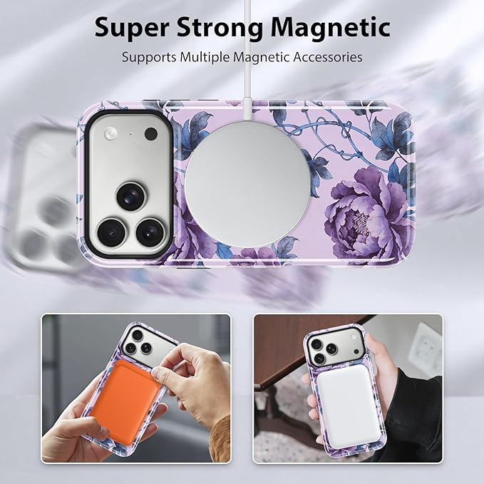 KANGHAR Compatible with iPhone 17 Pro Max Case, Support for MagSafe, Silicone Flower Floral Cute Pattern, Wristband Kickstand Camera Protection Soft Slim Phone Case for Girls Women -Purple