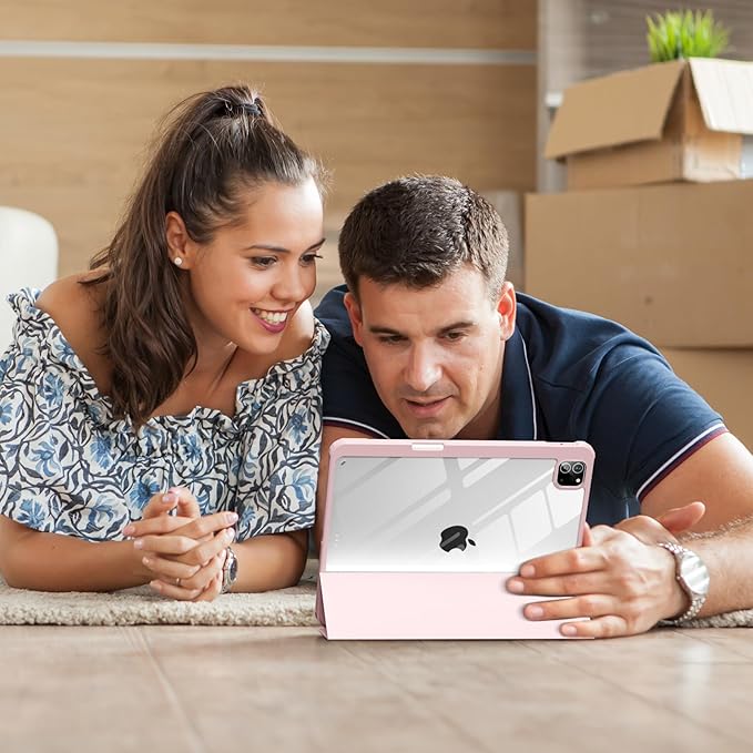 Case for iPad Pro 12.9 Inch (6th/5th/4th/3rd Generation 2022/2021/2020/2018) with Pencil Holder, Clear Transparent Back Shell Slim Stand Shockproof Tablet Cover, Auto Wake/Sleep, Pink