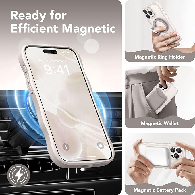CAPRARO Cute for iPhone 15 Pro Case, Compatible with MagSafe, [Curly Wave Edge] [Full Camera Protection] [14 FT Drop Protection] Magnetic Phone Case for 15 Pro 6.1 Inch, Stone