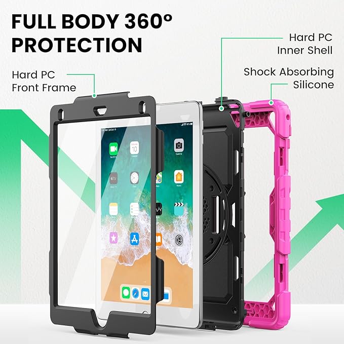 SEYMAC Case for iPad 6th/5th Generation 9.7 Inch, Full-Body Shockproof Heavy Duty Protective Case with Screen Protector, Rotating Stand/Hand/Shoulder Strap for iPad Air 2/ Pro 9.7, Pink