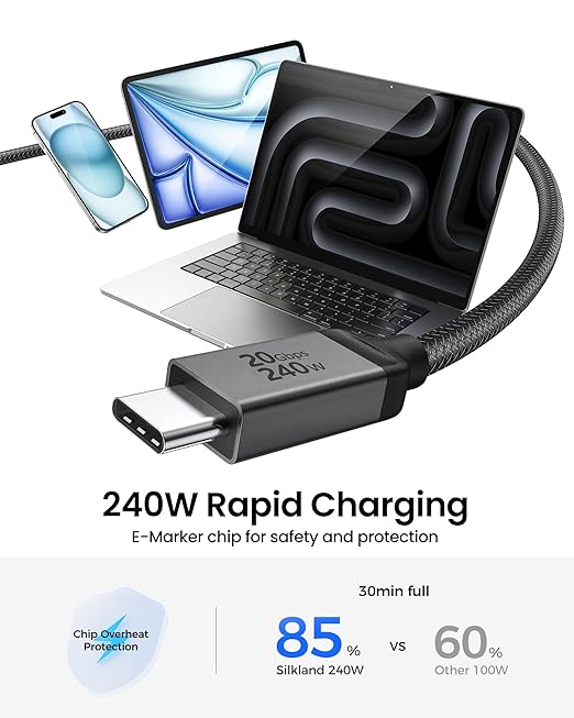 Silkland USB 4 Cable Long for Thunderbolt 4 Cable 16.5FT/5M, 20Gbps Data Sync, 5K/4K@60Hz, 240W Charging, USB C Thunderbolt Cable, Compatible for MacBook, Monitor, Dock, iPhone 17, VR Headset, Camera