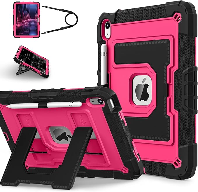 Kids Friendly Case for iPad A16 11th Generation 11 Inch 2025 / iPad 10th Generation 10.9" 2022 Case with Pencil Holder & Shoulder Strap, Hybrid iPad 11 10 Cover Rugged Shockproof Kickstand,Black+Rose