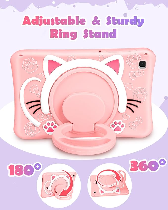 Wazzasoft for Samsung Galaxy Tab S6 Lite 10.4” Case Girls Cute Cat Kawaii Cover Girly 3D Cartoon Women Kitten with Rotating Handle Stand & Strap Soft Silicon Funda for Samsung S6 Lite Tablet Cases