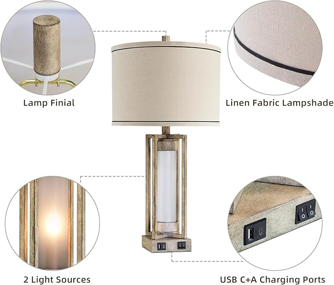 25" Set of 2 Farmhouse Table Lamps for Living Room with USB A+C Ports, Rustic Nightstand Lamp with White Night Light, Vintage Desk Lamp for Entryway Bedroom End Table, 4 Bulbs Included