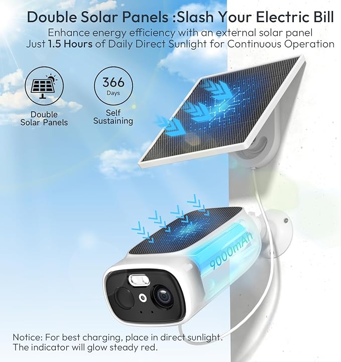 2.4G/5G WiFi Camera for Home Security with Double Solar Panels, 2K Solar Security Camera Wireless Outdoor, Color Night Vision, 2-Way Talk, Spotlight, Siren,IP66, Cloud/SD, AI Detection, Works w/Alexa