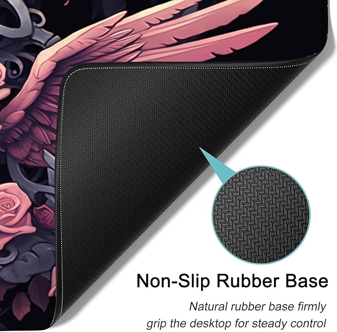 Large Mouse Pad, 31.5 x 11.8in Extended Gaming Mouse Pad with Stitched Edges, XXL Mousepad Protector Non Slip Rubber Base for Office Home Writing Mat, Wings, Pink Roses & Skulls Pattern Black Desk Mat