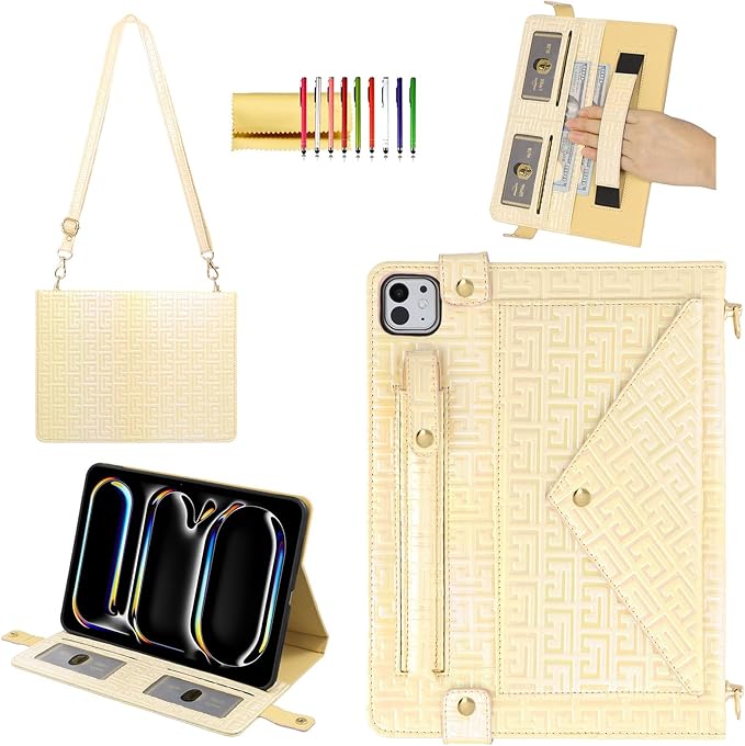 Shiny Case for iPad Pro 13" M4 M5 Handbag Case, Techcircle Iridescent PU Leather Folio Envelope Pocket Stand Cover with Hand Strap+Shoulder Strap+Pencil Holder+Card Slots, Shiny Cream Yellow