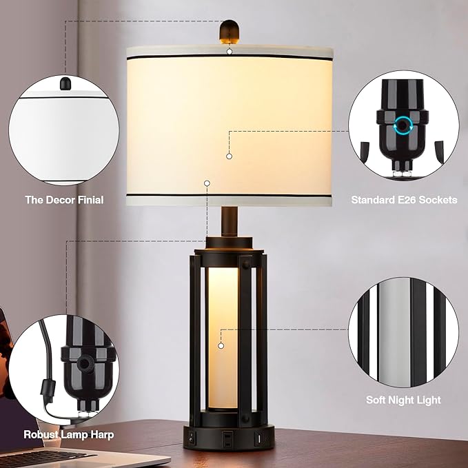 26" Modern Table Lamp with USB A+C Charging Ports & AC Outlet, Industrial Beside Contemporary Lamp Glass LED Night Light for Living Room Bedroom Nightstand End Table Single Black(2 Bulbs Included)