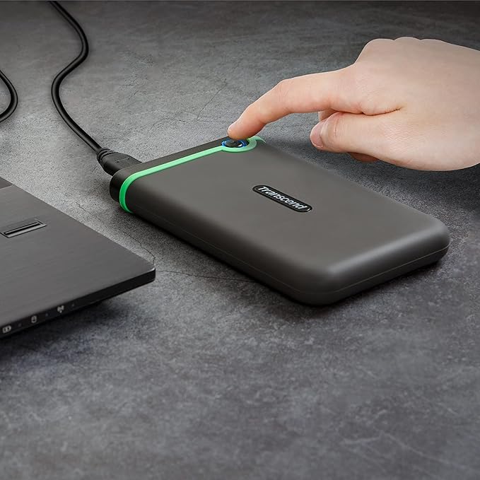 Transcend StoreJet 4TB Rugged External Hard Drive, USB3.1(5Gbps) Portable HDD with One Touch Auto-Backup Button/Anti-Shock Resistant, Compact&Lightweight, Lightning-Fast Speeds, Iron Grey -TS4TSJ25M3S