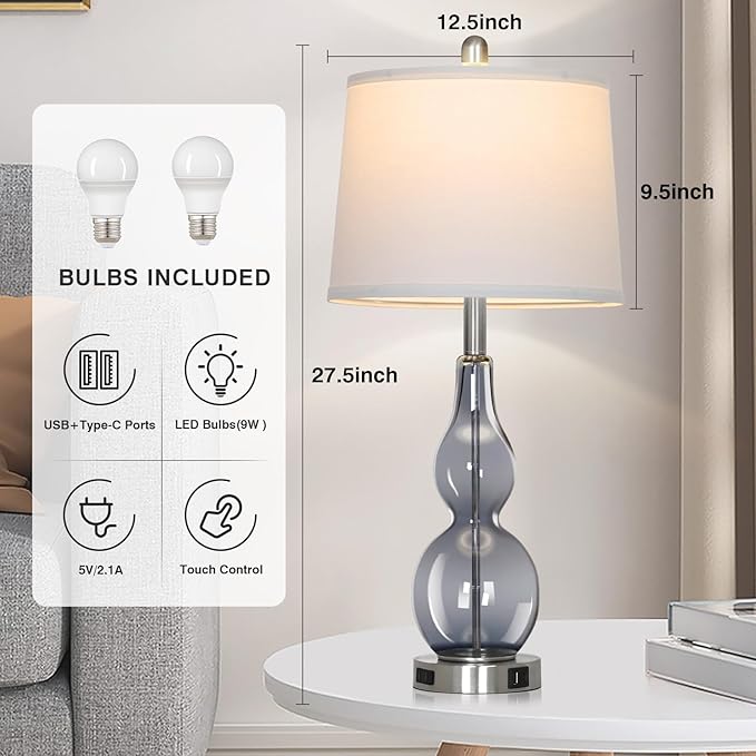 Rinweey 27.5" Gray Clear Glass Table Lamp Set of 2,3-Way Dimmable Touch Control Bedside Lamps with USB Ports and AC Outlet, Modern Nightstand Lamps for Bedroom Living Room