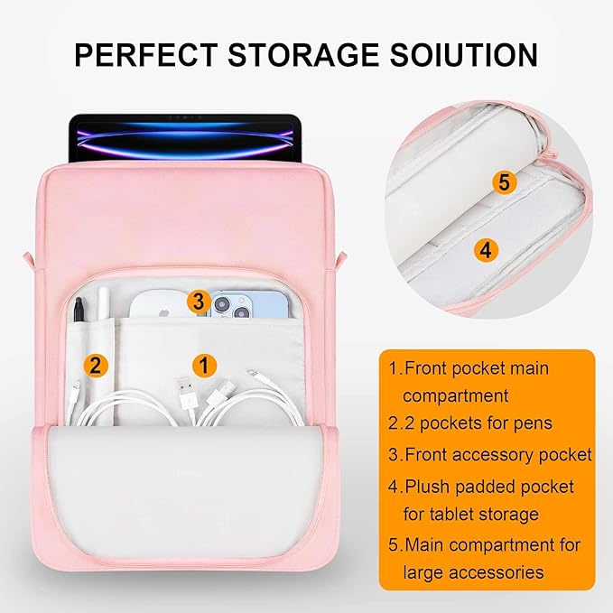 Tablet Sleeve Bag for 13 inch iPad Air (M4/M3/M2) 2026, 13 inch iPad Pro (M5/M4), 12.9" iPad Pro (6th/5th/4th/3rd Gen), Galaxy Tab S10+ S9+ with Magic Keyboard, Protective iPad Case Bag, Pink