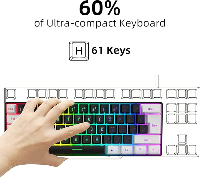 Snpurdiri 60% Wired Gaming Keyboard, Small RGB Backlit Membrane Gaming Keyboard, Ultra-Compact Mini Waterproof Keyboard for PC Computer Gamer White and Black