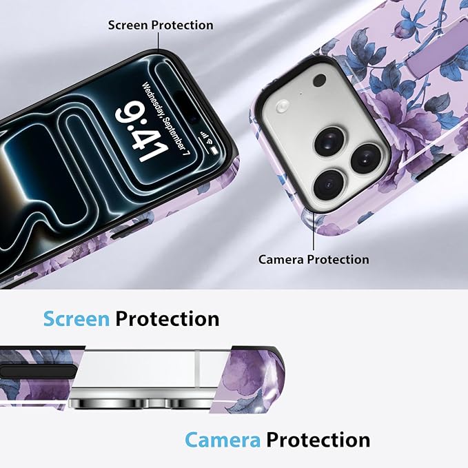 KANGHAR Compatible with iPhone 17 Pro Max Case, Support for MagSafe, Silicone Flower Floral Cute Pattern, Wristband Kickstand Camera Protection Soft Slim Phone Case for Girls Women -Purple