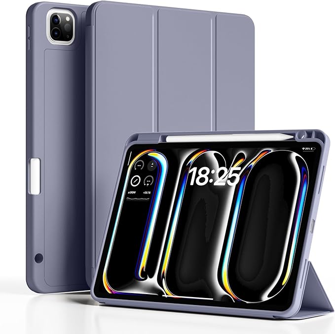 New iPad Pro 13 Inch Case (M5) 2025 / (M4) 2024 with Pencil Holder | Slim Protective Trifold TPU Back | Support Apple Pencil Pro & USB-C Charging | Auto Wake/Sleep (Purple Gray)