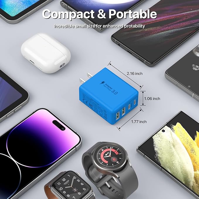 sccvee USB C Wall Charger, 40W 4-Port USB C Charger Block, Fast Charging Block Dual Port PD+QC Wall Plug Multiport Type C Compatible with iPhone 14/13/12/11/Pro Max/XS/XR/8/7, Tablet(Blue)