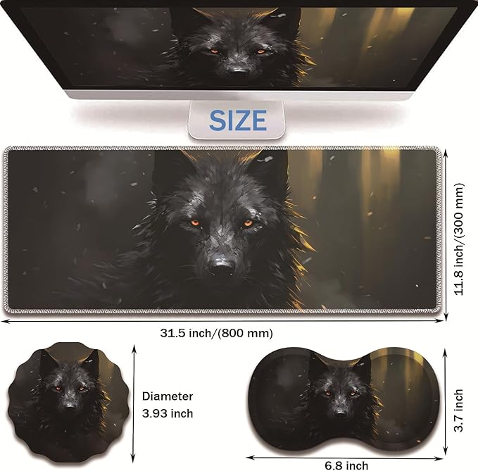 Extended Non-Slip Mouse Pad + Mouse Wrist Rest + Lace-Shaped Coaster Set, Ergonomic Design, Suitable for Desk and Home Gaming Table Mat, Black Wolf