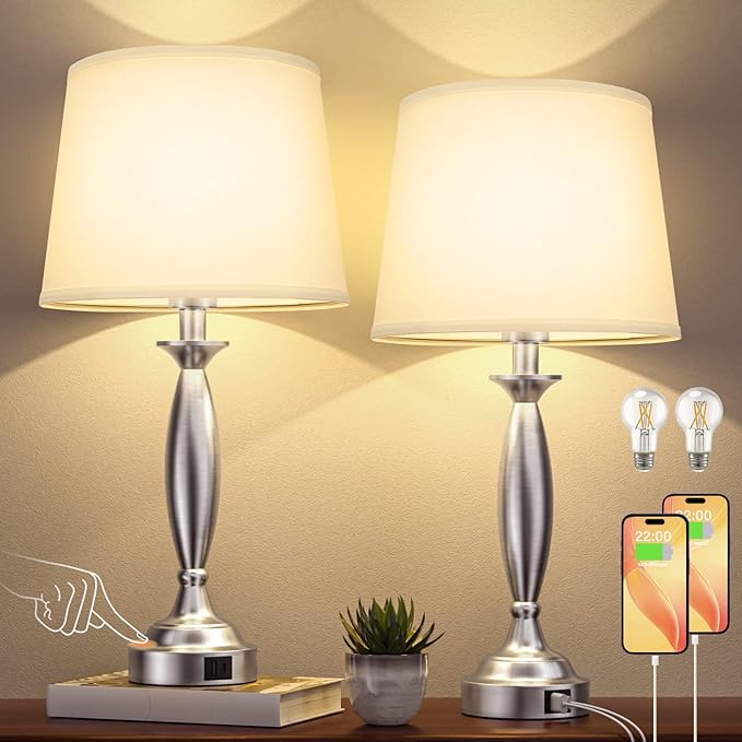 Seealle White Lamps for Bedrooms Set of 2 - Touch Control Bedside Lamp with USB C+A, 3 Way Dimmable Nightstand Lamps with USB Port, Table Lamp for Living Room(White Shade and Nickel Base)