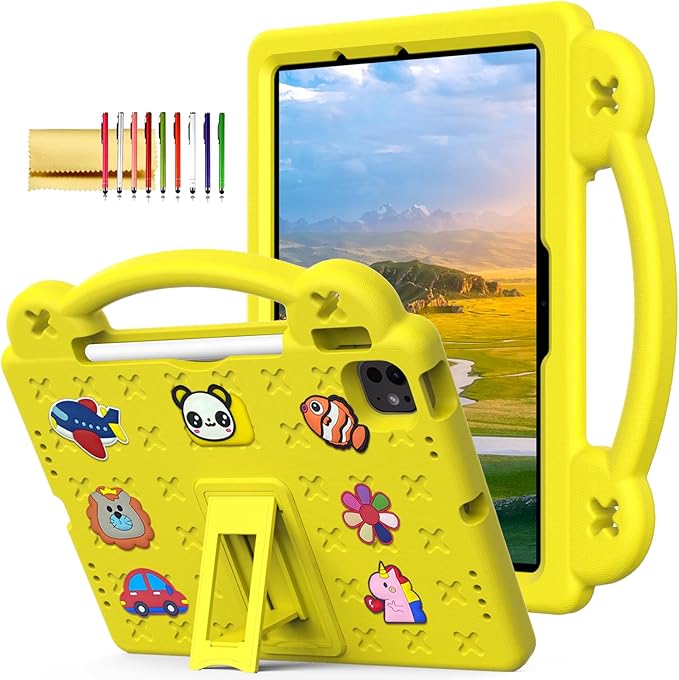 Dteck Case for iPad Air 13",iPad Pro 13" 2024 M4 Kids Case,iPad Pro 12.9 Case 6th/5th/4th/3rd Gen,Cartoon Panda Shockproof Rugged Lightweight Convertible Stand Handles Kids Friendly Case,Yellow