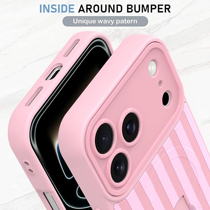 KANGHAR Compatible with iPhone 17 Pro Case, Support for MagSafe, Silicone Stripes Cute Pattern, Wristband Kickstand Camera Protection Soft Slim Cover for Girls Women -Pink
