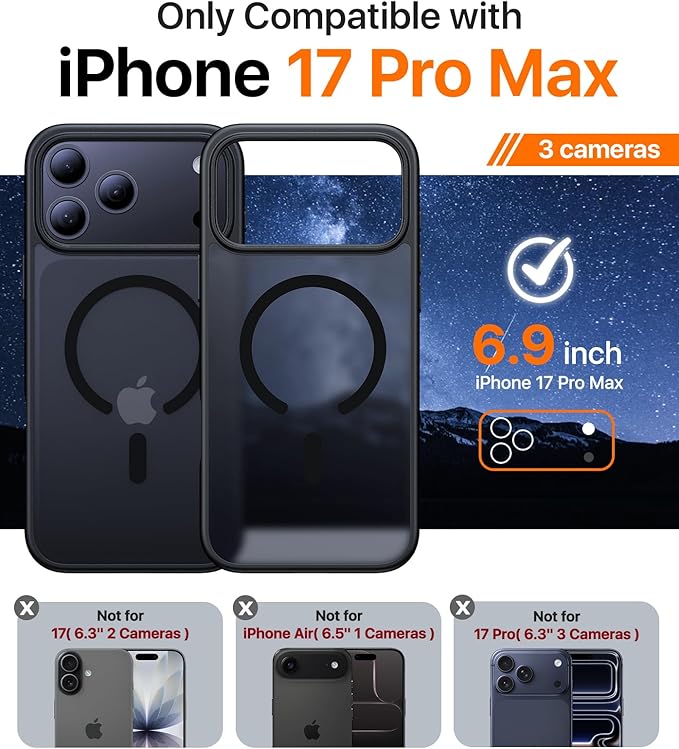 Magnetic for iPhone 17 Pro Max Case,[Anti-Slip][Compatible with MagSafe][Military Grade Drop Protection] Shockproof Protective Translucent Matte Phone Case for iPhone 17 Pro Max Case,Black