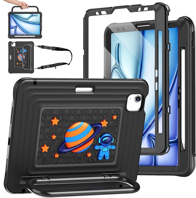 KAIJIAbox Kids-Friendly Case for iPad Air 11" M4/M3/M2, Pro 11" 4th/3rd/2nd/1st Gen, Air 5th/4th - Military-Grade Drop Protection with Metal Handle/Stand, Screen Protector, Pen Holder, Shoulder Strap