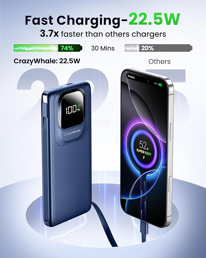 Portable Charger with Built-in Cables,22.5W Super Fast Charging Power Bank Slim Phone Charger,10000mAh Travel Battery Pack Battery Bank with Smart LED Display for iPhone, Android & USB-C (Blue)