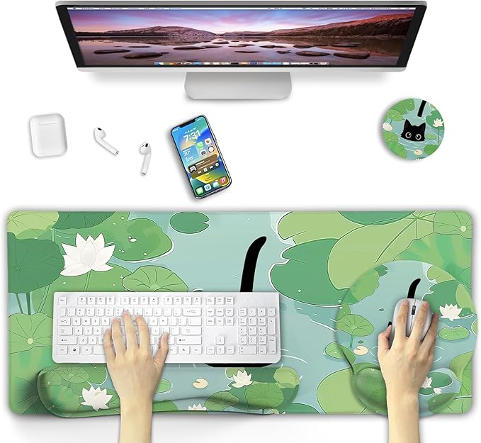 Blusabaca Mouse Pad Desk Pad, Cat Lotus Leaf Desk Mat Large Gaming Mouse Pad with Wrist Rest Cute, Keyboard Pad Wrist Rest Ergonomic, Cup Coaster, Work Home Accessories Office Supplies Decor