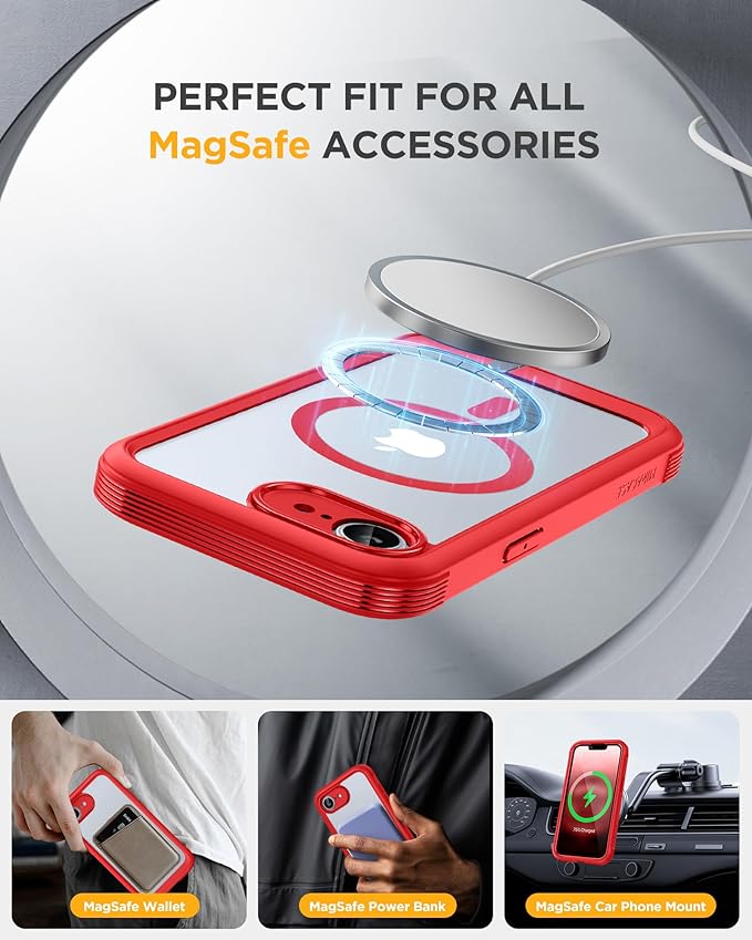 Miracase for iPhone 17e Case & iPhone 16e Case, Full-Body Phone with Built-in Glass Screen Protector, [Magnetic with MagSafe] Military Drop Proof 17 E/ 16 E Cover Bumper 6.1 inch, Red
