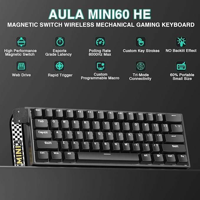 Aula MINI60 HE Wireless Gaming Keyboard 60%,Hall Effect Rapid Trigger Magnetic Keyboard,8000Hz Polling,Tri-Mode(BT5.0/2.4GHz/USB-C),Hot Swappable Compact Mechanical Keyboard for Gamer(Black)