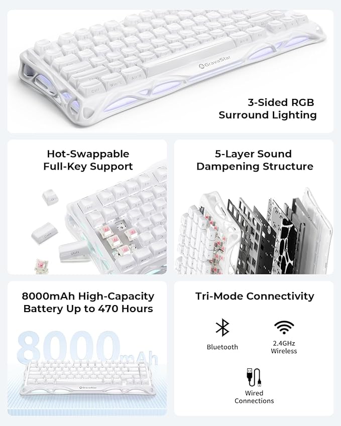 GravaStar Mercury K1 75% White Wireless Keyboard, Aluminum Alloy Exoskeleton Design Mechanical Gaming Keyboard, Gasket Hot-Swap Socket, Linear Switches, RGB Backlit