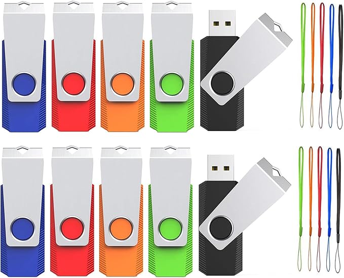 8GB Flash Drive 10 Pack, Wooolken USB 2.0 Memory Stick Thumb Drive with Lanyards Swivel USB Stick for Data Storage and Backup (Mixed Colors)