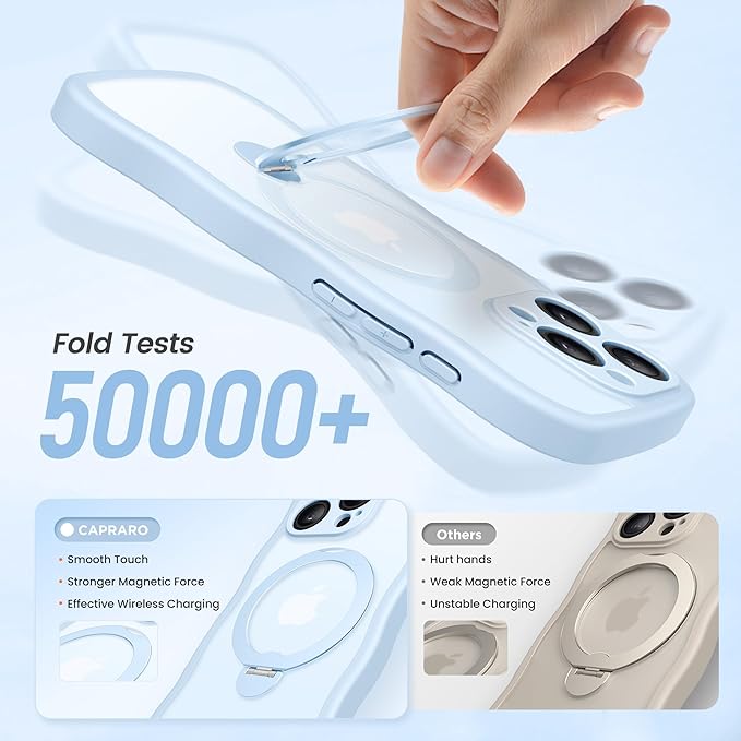 CAPRARO for iPhone 13 Pro Case with 360° Spin Magnetic Stand for Women, [Compatible with MagSafe] [Full Camera Protection] Cute Wave Translucent Matte Case for iPhone 13 Pro, Light Blue
