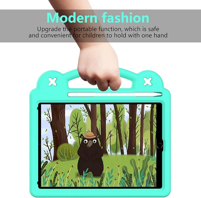 Dteck Kids Case for iPad 9.7 Inch 6th/5th Gen 2018/2017 & iPad Air 2/1 & iPad Pro 9.7,Cartoon Panda Shockproof Rugged Lightweight Pencil Holder Convertible Handles Stand Kids Friendly Case,Mint Green