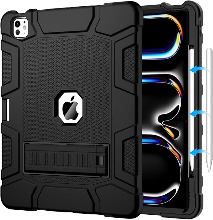 Case for iPad Pro 13 Inch Case (M5 2025/ M4 2024) with Pencil Holder, Built-in Stand, Military Grade Shockproof Protective Cover for iPad Pro 13" 8th/ 7th, Black