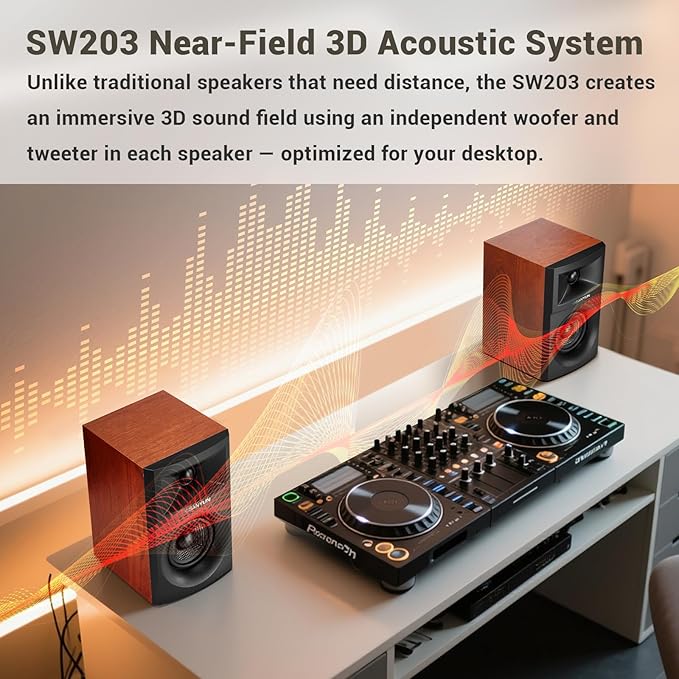 Sanyun SW203 2.0 Desktop Computer Speakers - Near-Field 3D Stereo with Vertical Imaging - 60W Triple-DSP Dual Independent Drive - 24bit USB-C DAC Bluetooth 5.4 AUX, HiFi PC Gaming (Pair, Cherry)