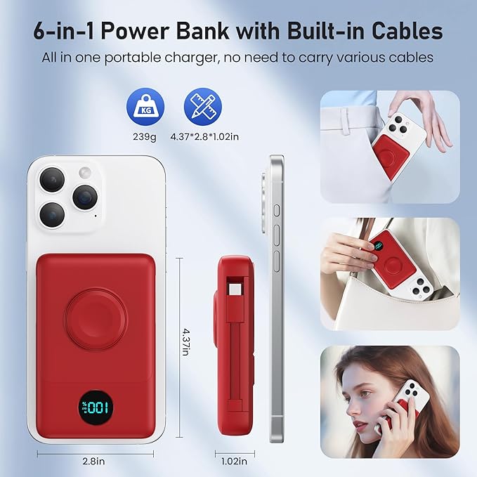 Magnetic Portable Charger for MagSafe with Built-in Cable,iWatch Charger,10800mAh Wireless Power Bank Travel Essentials,25W PD Fast Charging Battery Pack for iPhone 17/16/15/14/13/12,Apple Watch-Red